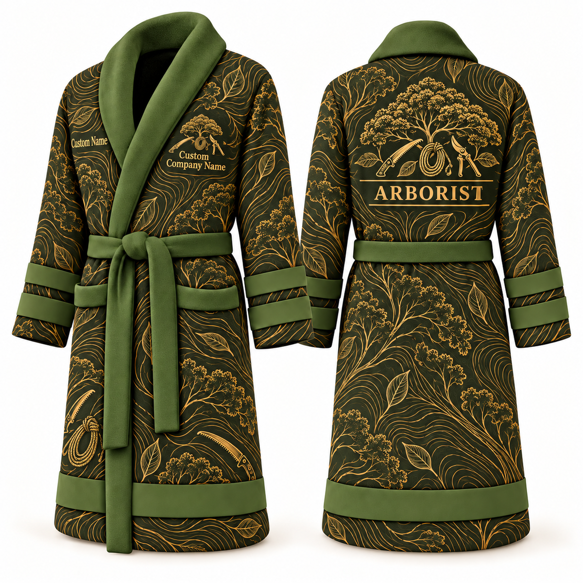 Personalized Arborist Bathrobe - Contour Lines olive front and back view