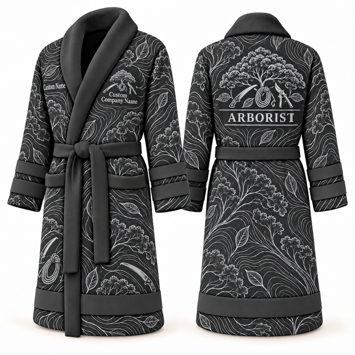 Personalized Arborist Bathrobe - Contour Lines slate front and back view