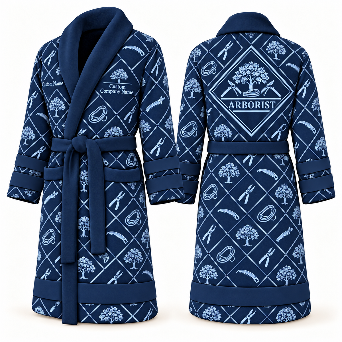 Personalized Arborist Bathrobe - Diamond Emblems blue front and back view