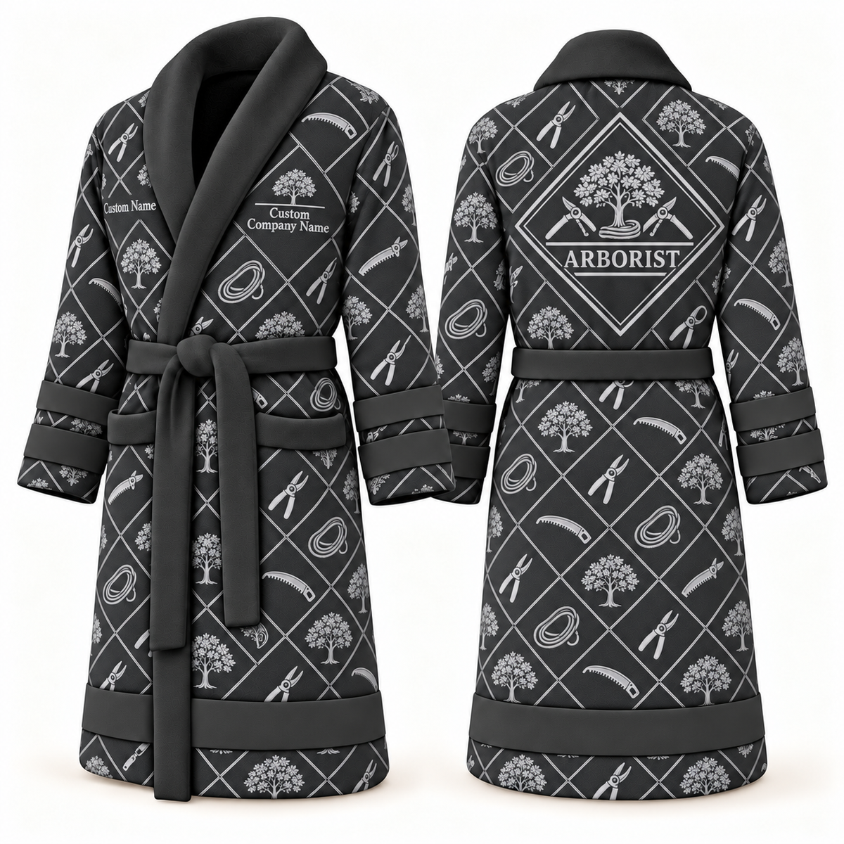 Personalized Arborist Bathrobe - Diamond Emblems slate front and back view