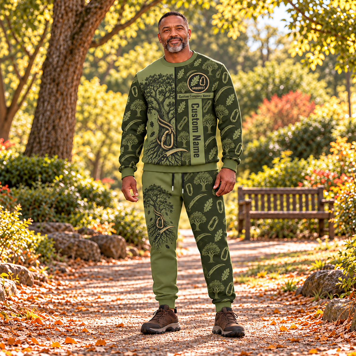 arborist occupation-themed sweater and jogger combo on a model with name and company artwork