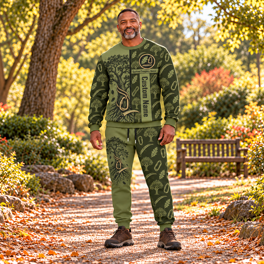 arborist occupation-themed sweater and jogger combo on a model with name and company artwork