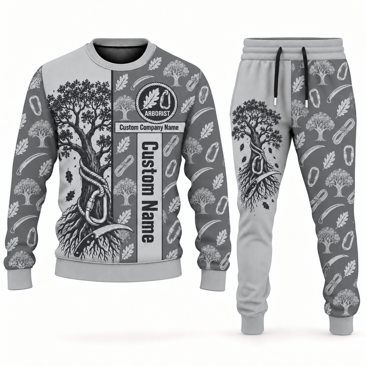 arborist occupation-themed sweater and jogger combo lightgray color with name and company artwork