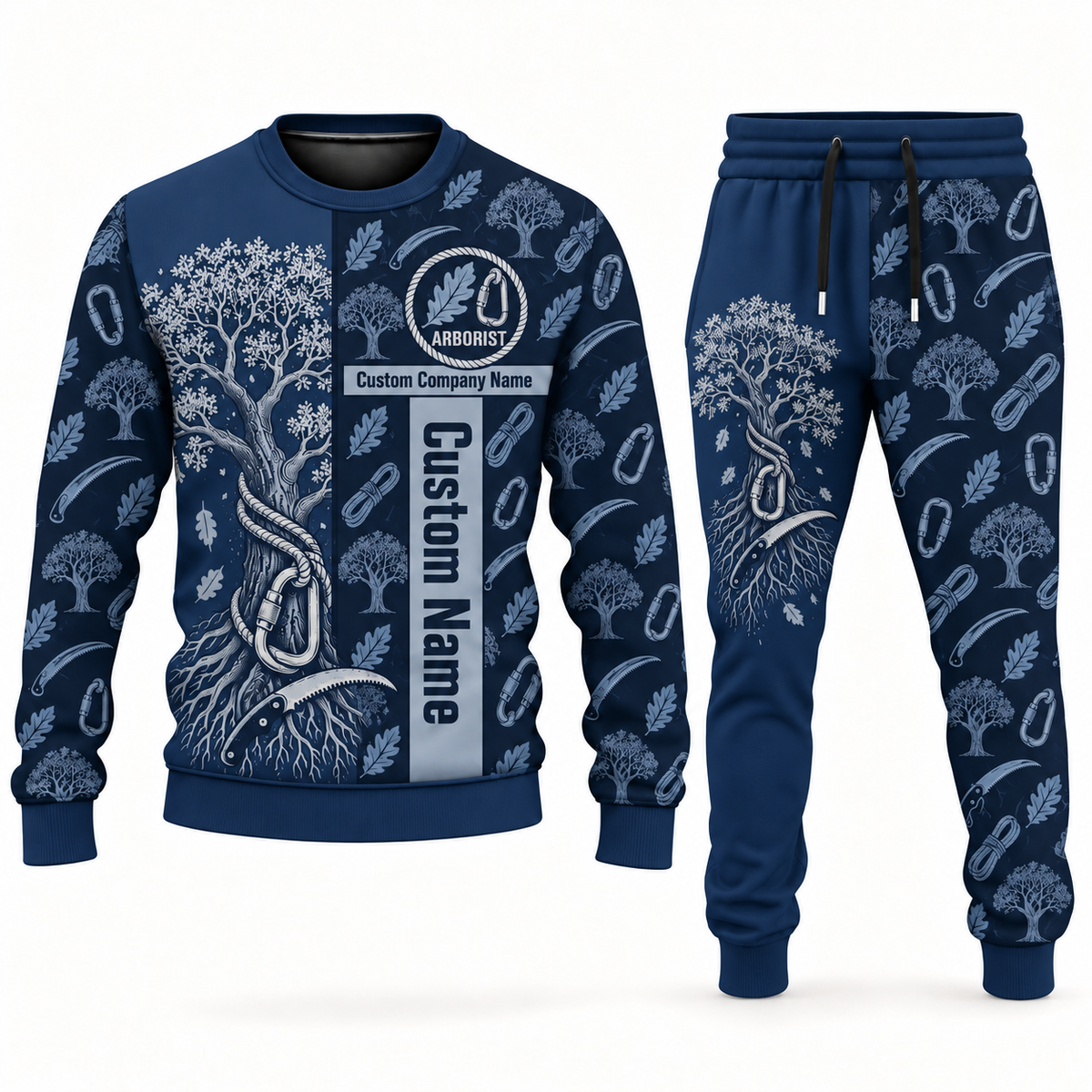 arborist occupation-themed sweater and jogger combo navy color with name and company artwork