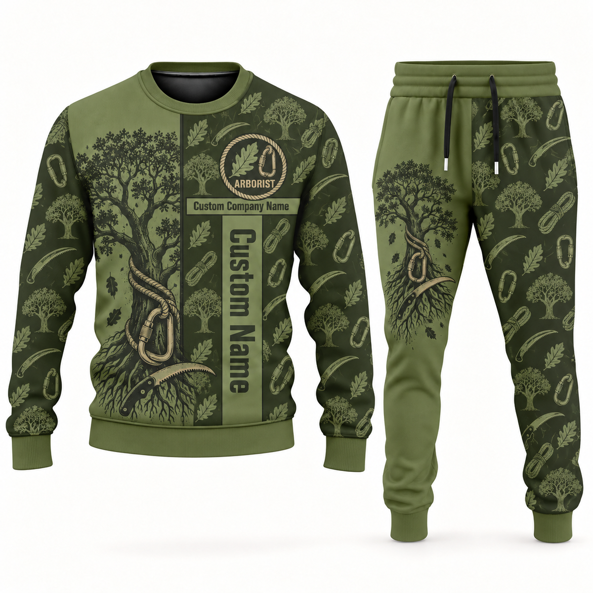 arborist occupation-themed sweater and jogger combo olive color with name and company artwork