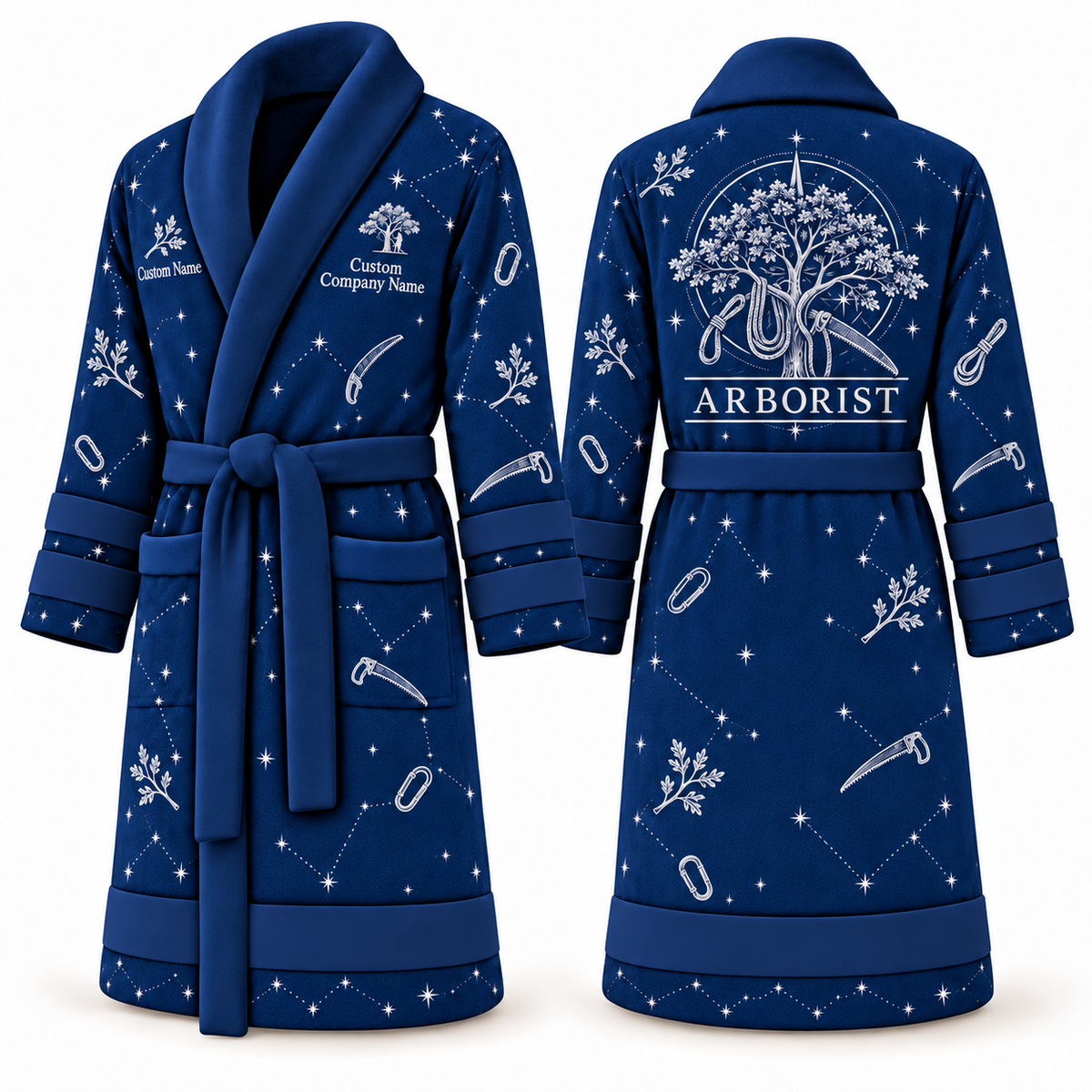 Personalized Arborist Bathrobe - Night Shift blue front and back view