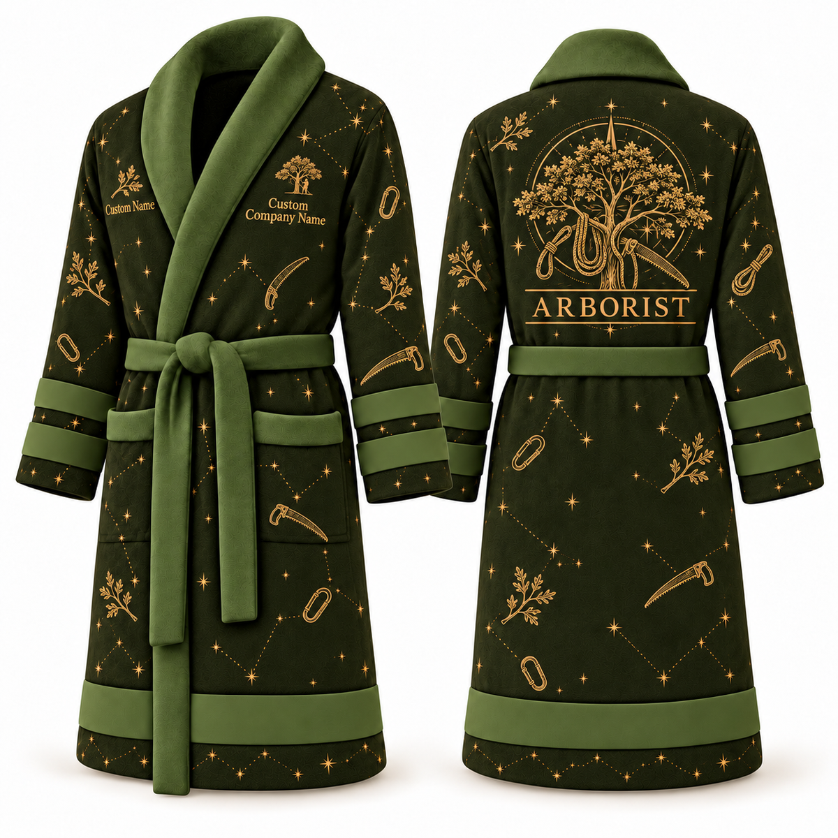 Personalized Arborist Bathrobe - Night Shift olive front and back view