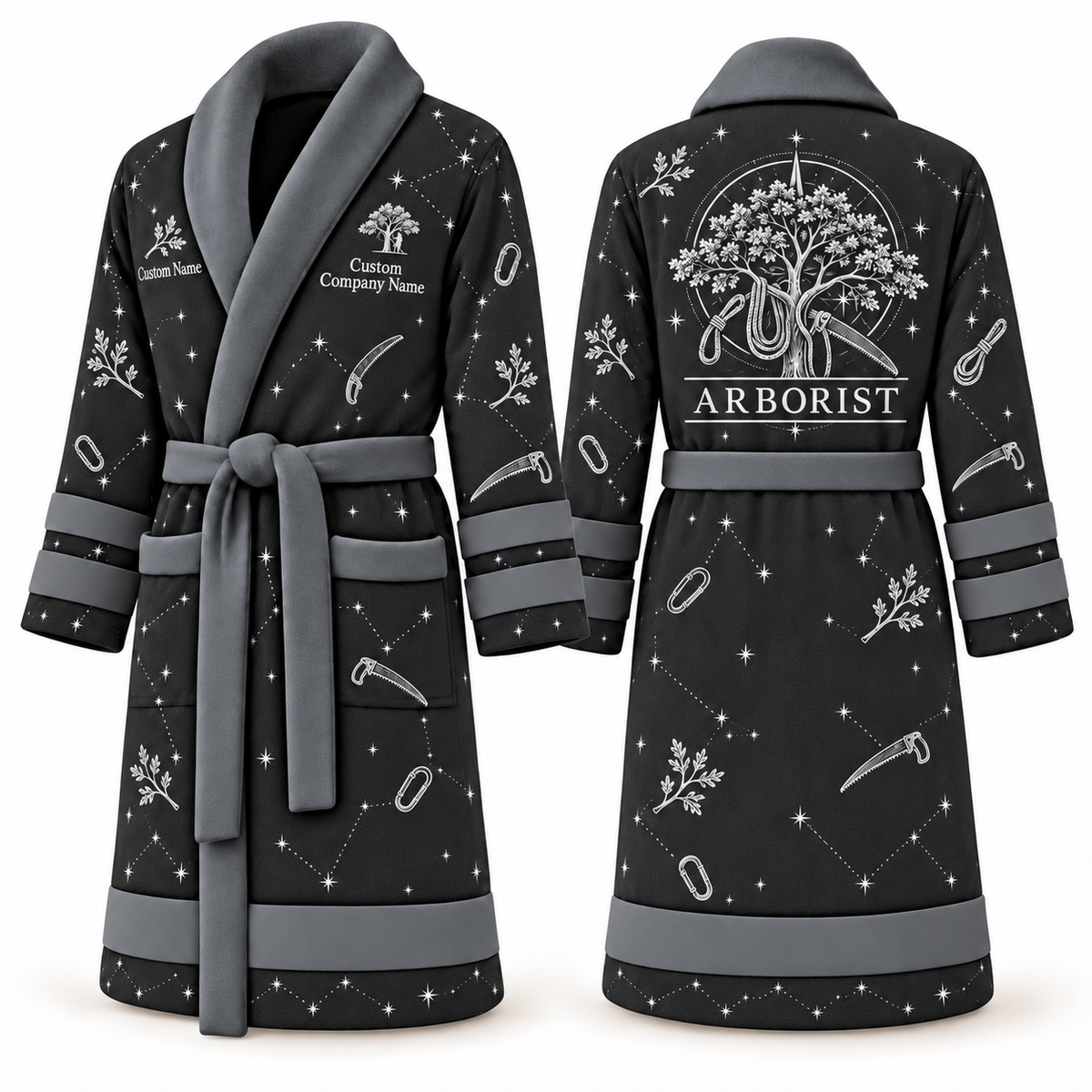 Personalized Arborist Bathrobe - Night Shift slate front and back view