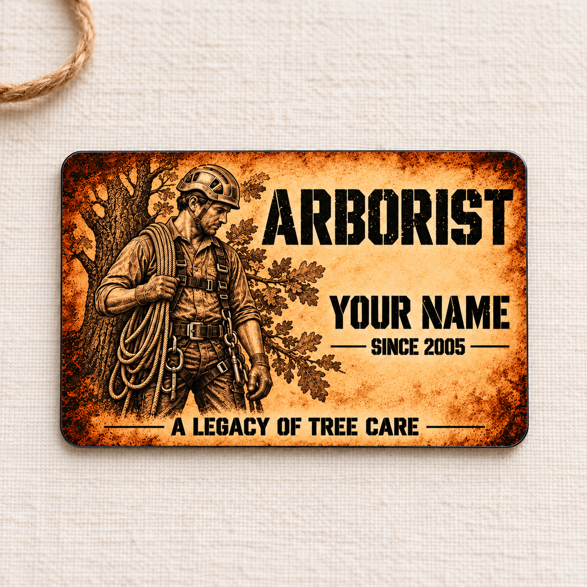 Arborist Sepia Legacy aluminum wallet card, front view on cream fabric.