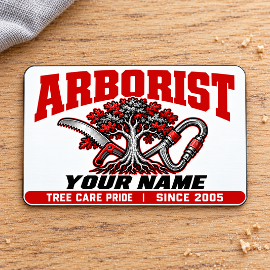 Arborist Signature Modern aluminum wallet card, front view on pale oak.