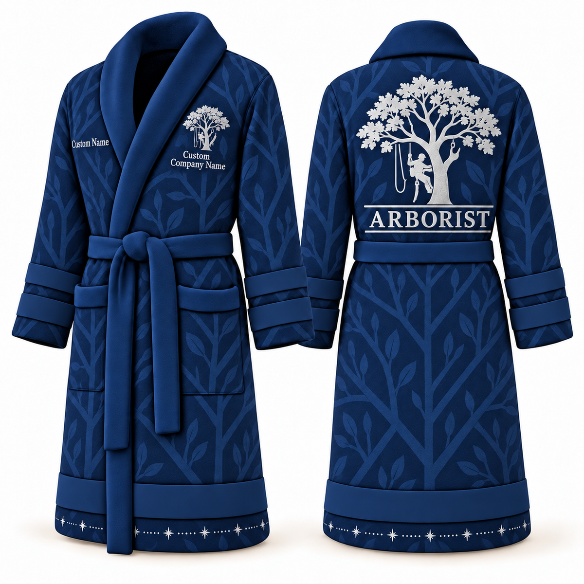 Personalized Arborist Bathrobe - Signature Silhouette blue front and back view