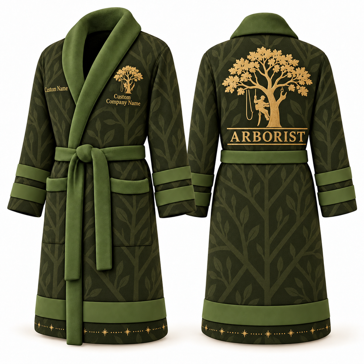 Personalized Arborist Bathrobe - Signature Silhouette olive front and back view