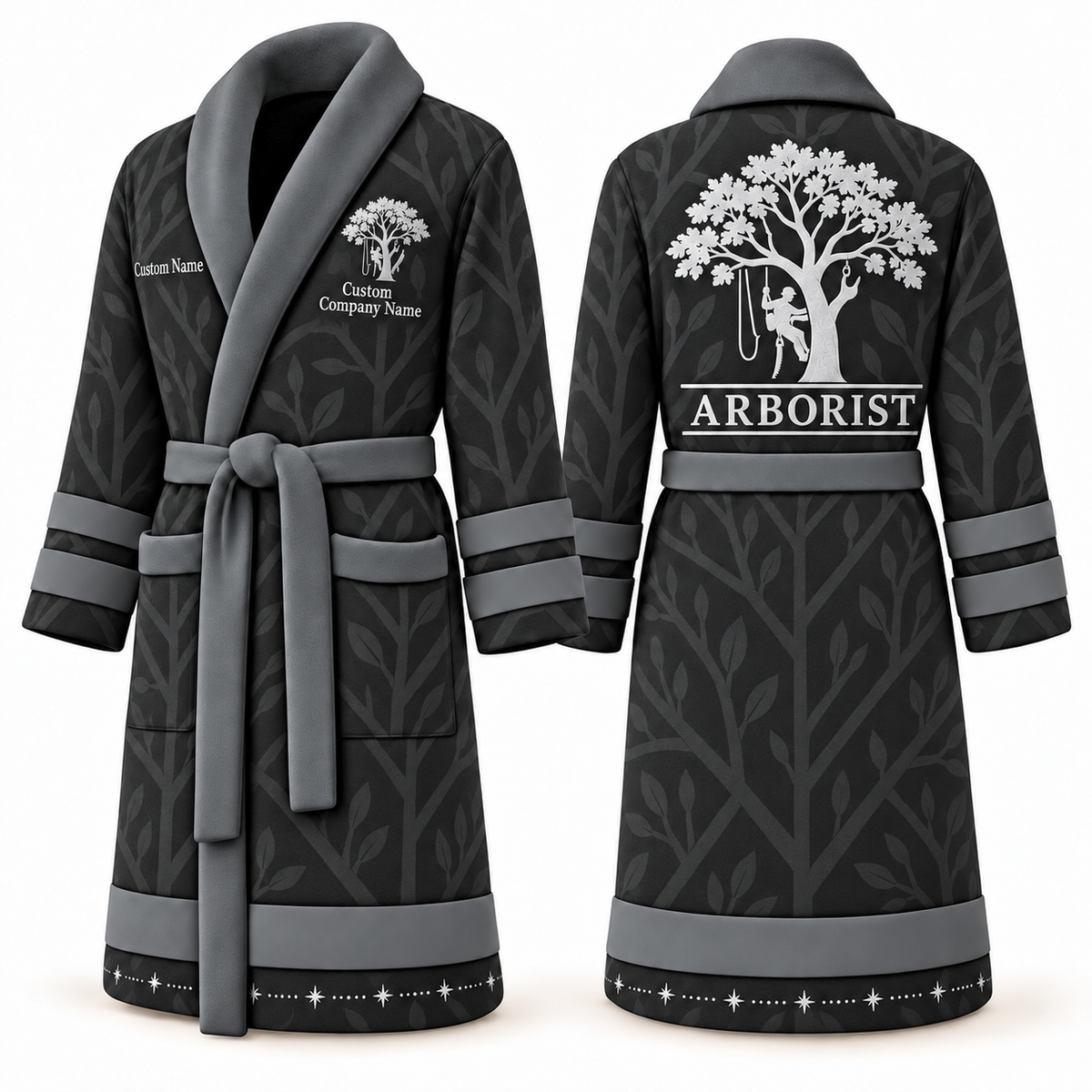 Personalized Arborist Bathrobe - Signature Silhouette slate front and back view