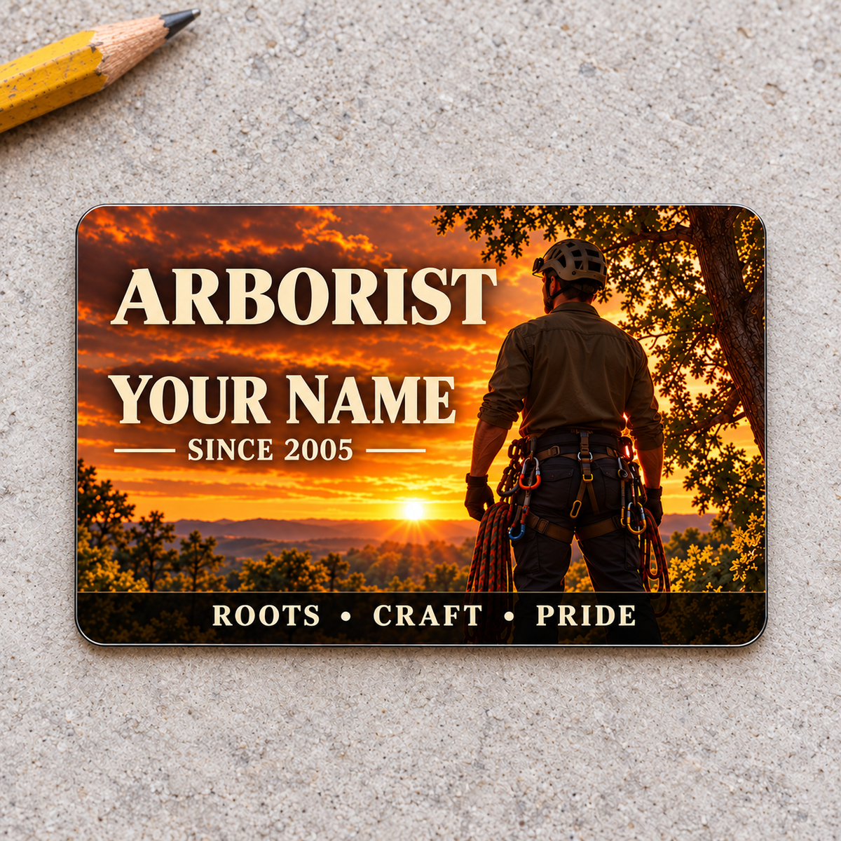 Arborist Sunset Workday aluminum wallet card, front view on pale concrete.