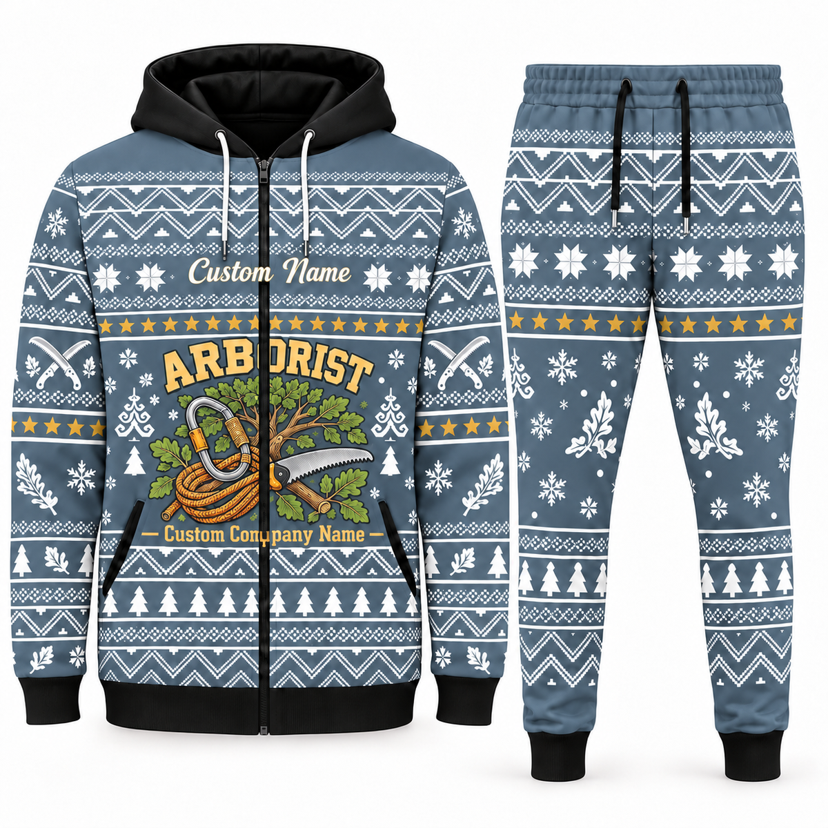 arborist blue-gray Winter Snowflake full-zip hoodie and jogger combo with Custom Name and Custom Company Name