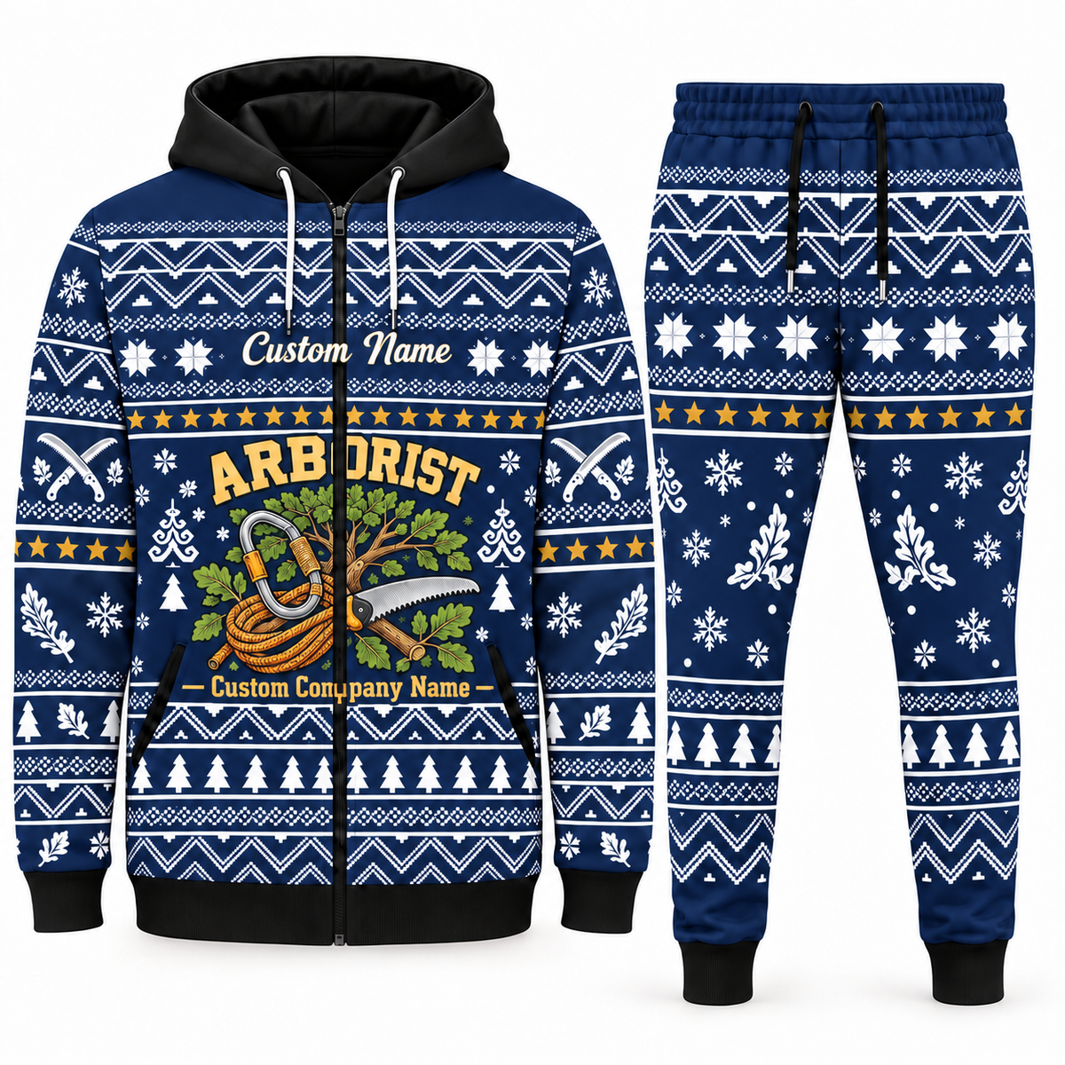 arborist navy Winter Snowflake full-zip hoodie and jogger combo with Custom Name and Custom Company Name