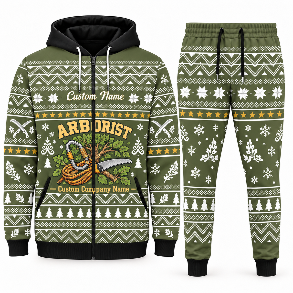 arborist olive Winter Snowflake full-zip hoodie and jogger combo with Custom Name and Custom Company Name