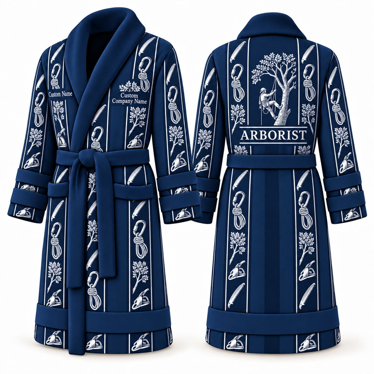 Personalized Arborist Bathrobe - Workbench Stripes blue front and back view