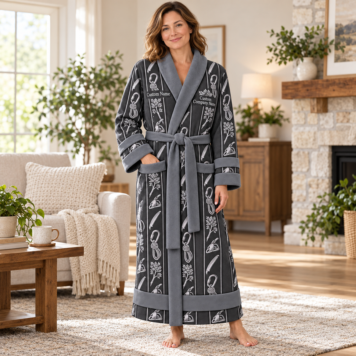 Personalized Arborist Bathrobe - Workbench Stripes lifestyle view