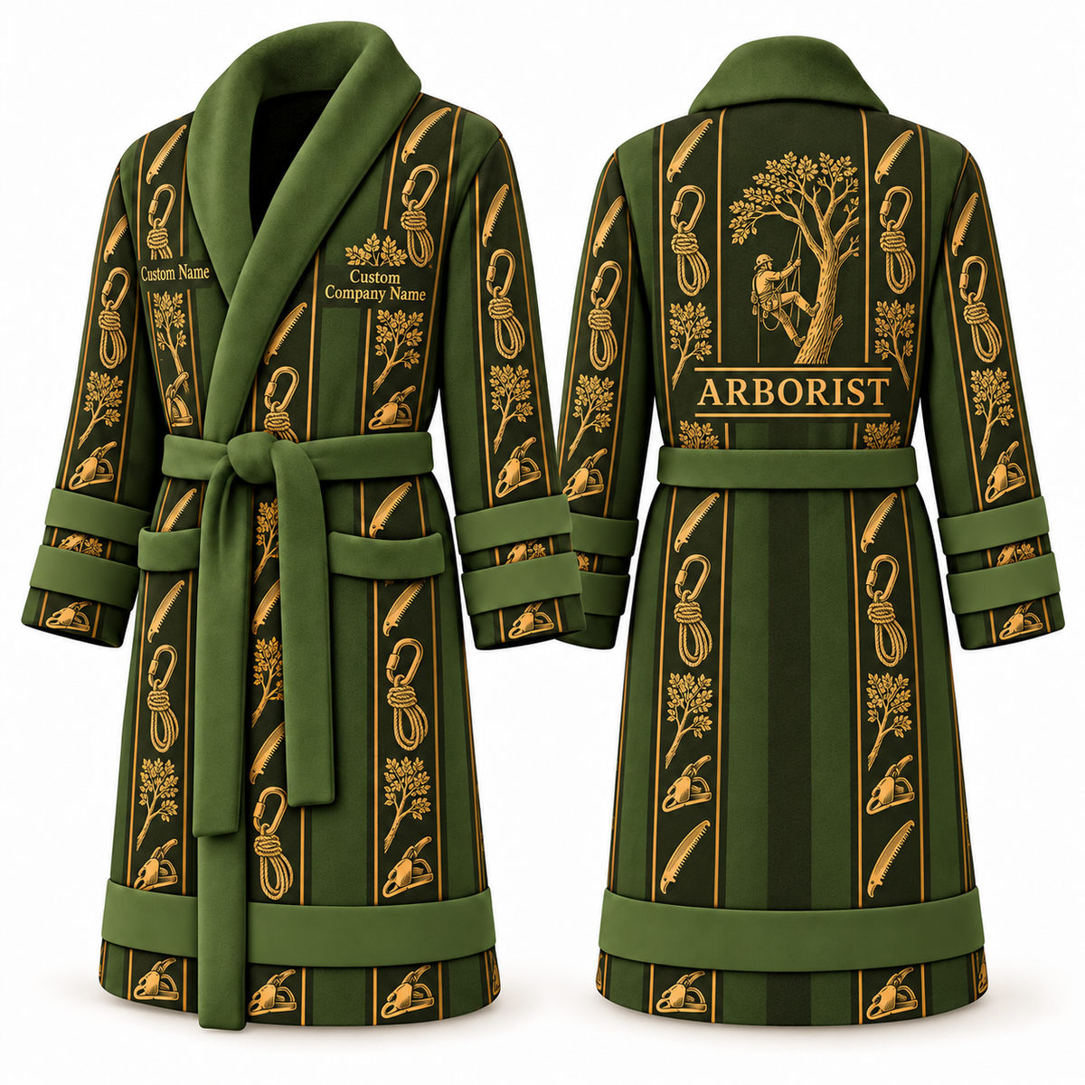 Personalized Arborist Bathrobe - Workbench Stripes olive front and back view