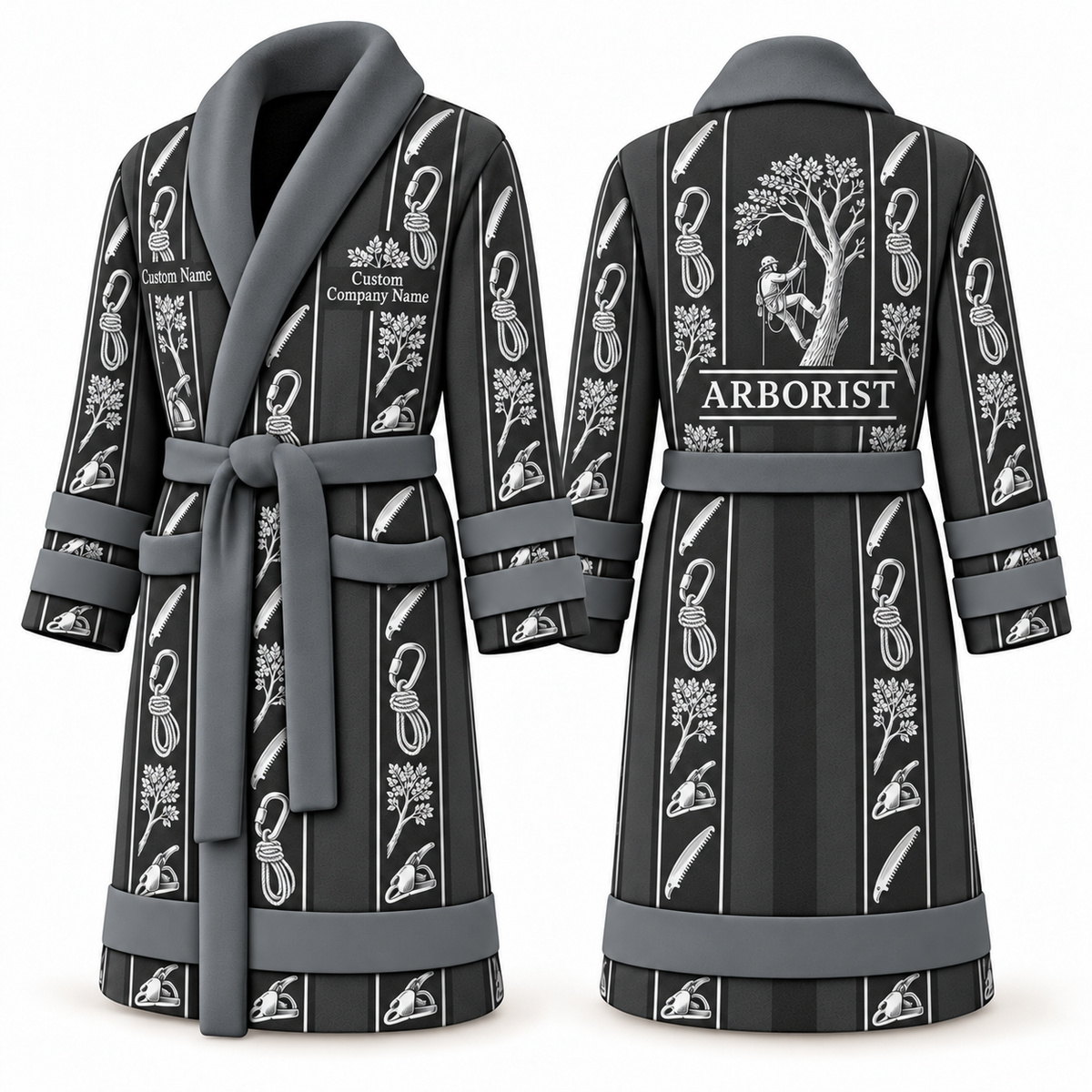 Personalized Arborist Bathrobe - Workbench Stripes slate front and back view