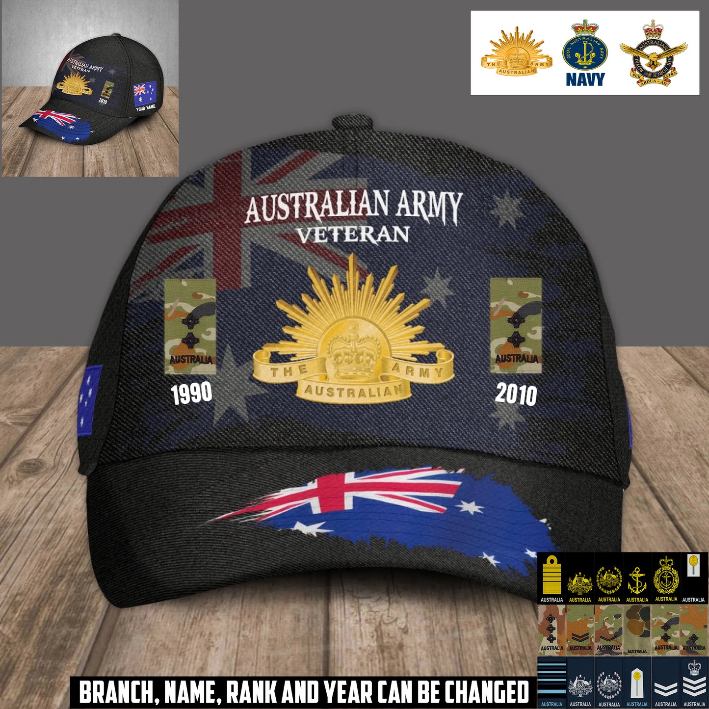Personalized Name, Year & Rank Australia Soldier/Veterans Baseball Cap - 1759881602