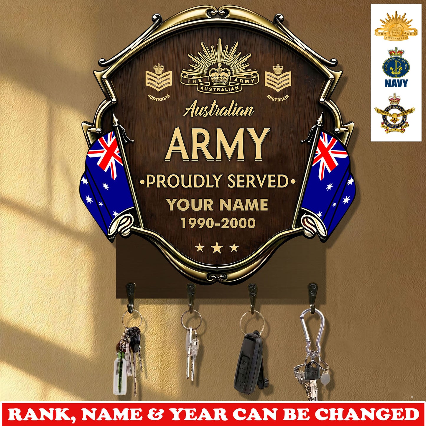 Personalized Australia Veteran/ Soldier With Rank, Year And Name Wooden Key Holder - 17757792