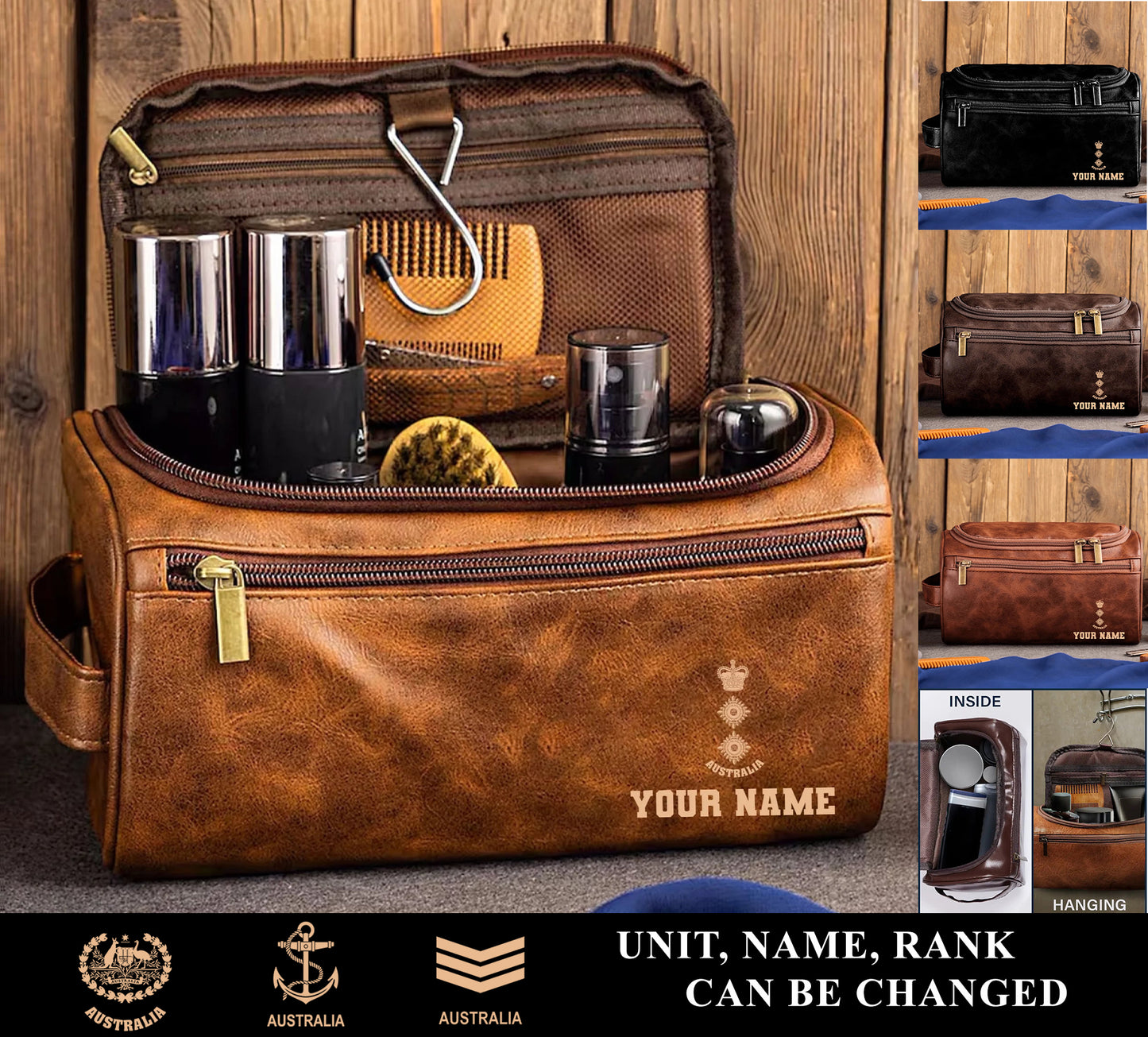 Personalized Australia Soldier/ Veteran With Name And Rank Leather Toiletry Bag - 17555616