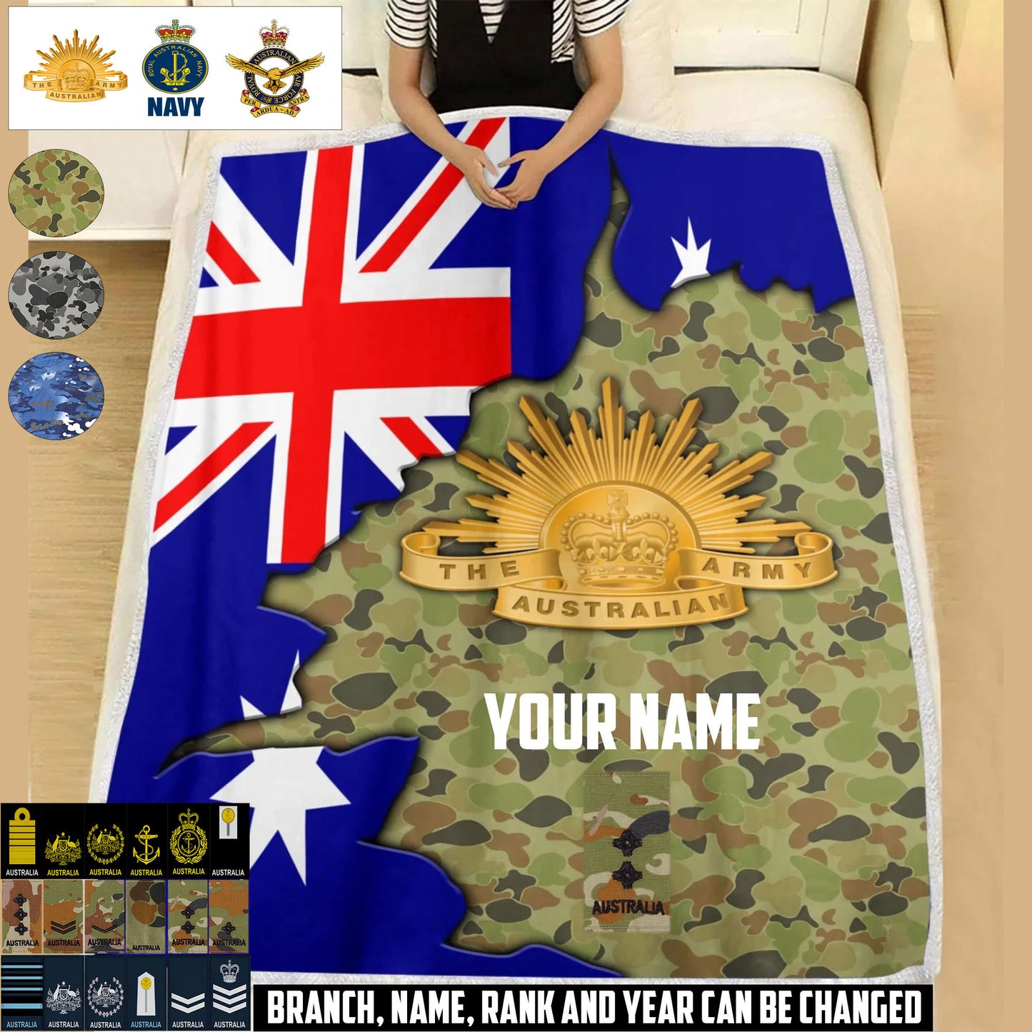 Personalized Australia Soldier/ Veteran With Rank And  Name Fleece Blanket 3D Printed - 17607456