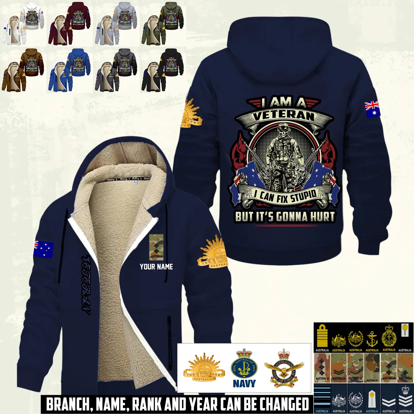 Personalized Australia Soldier/ Veteran With Name And Rank Hoodie Zip Velvet Coat - 17552160