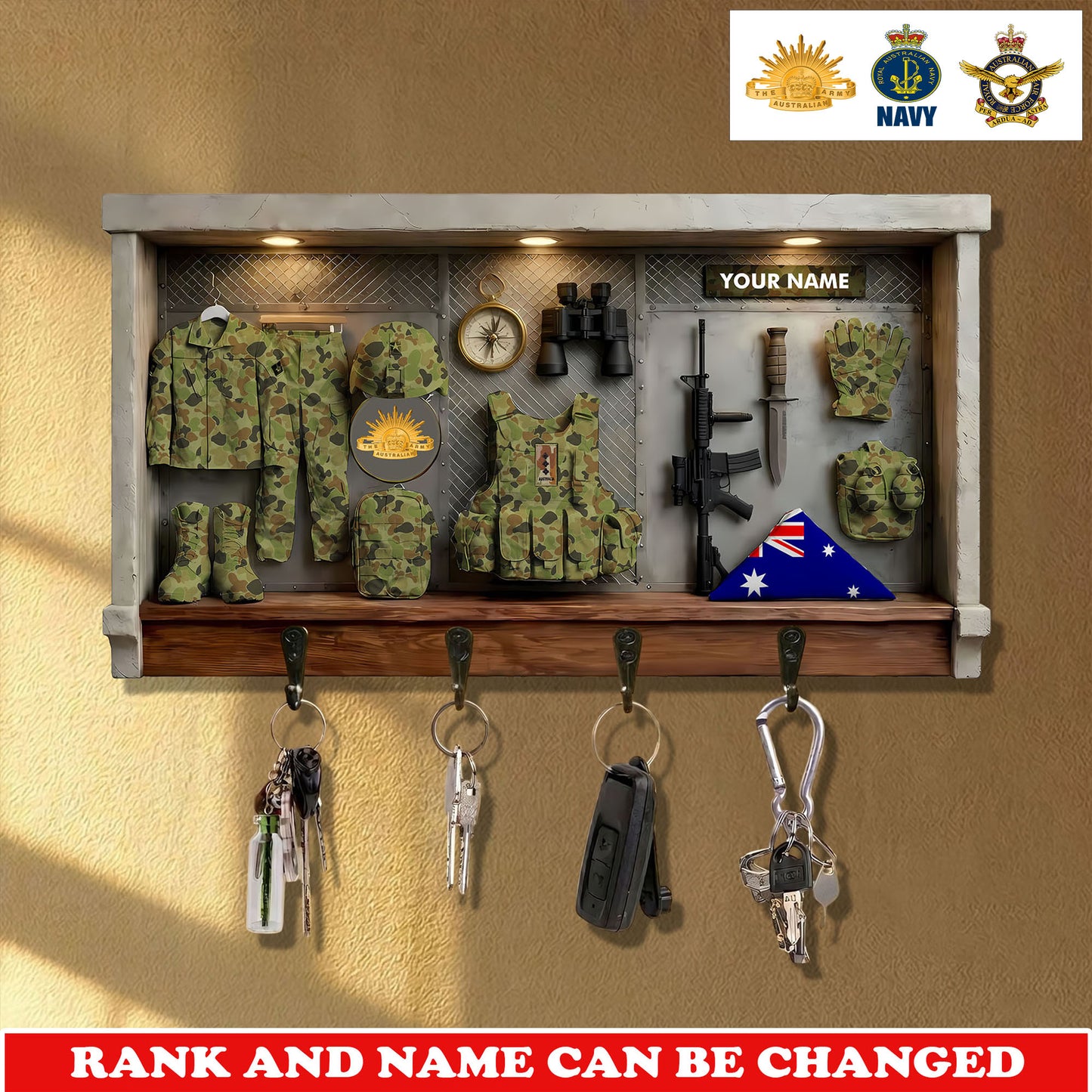 Personalized Australia Veteran/ Soldier With Rank and Name Wooden Key Holder All Over Printed - 1775779201