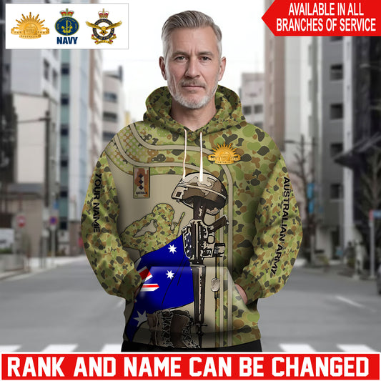 Personalized Australia Soldier/Veteran Camo with Name and Rank Hoodie Sweater All Over Printed - 1762905607