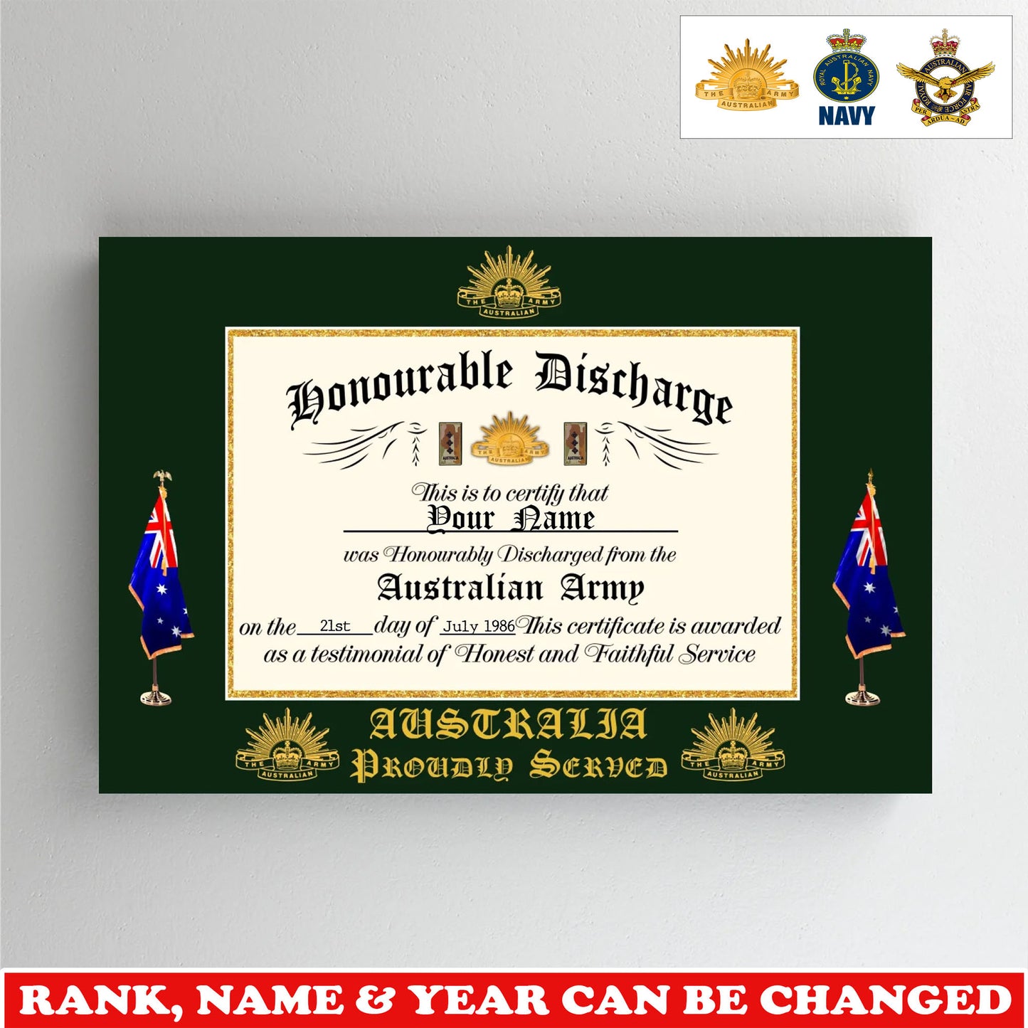 Personalized Australia Soldier/Veteran  with Rank, Name & Year Canvas - 17739648
