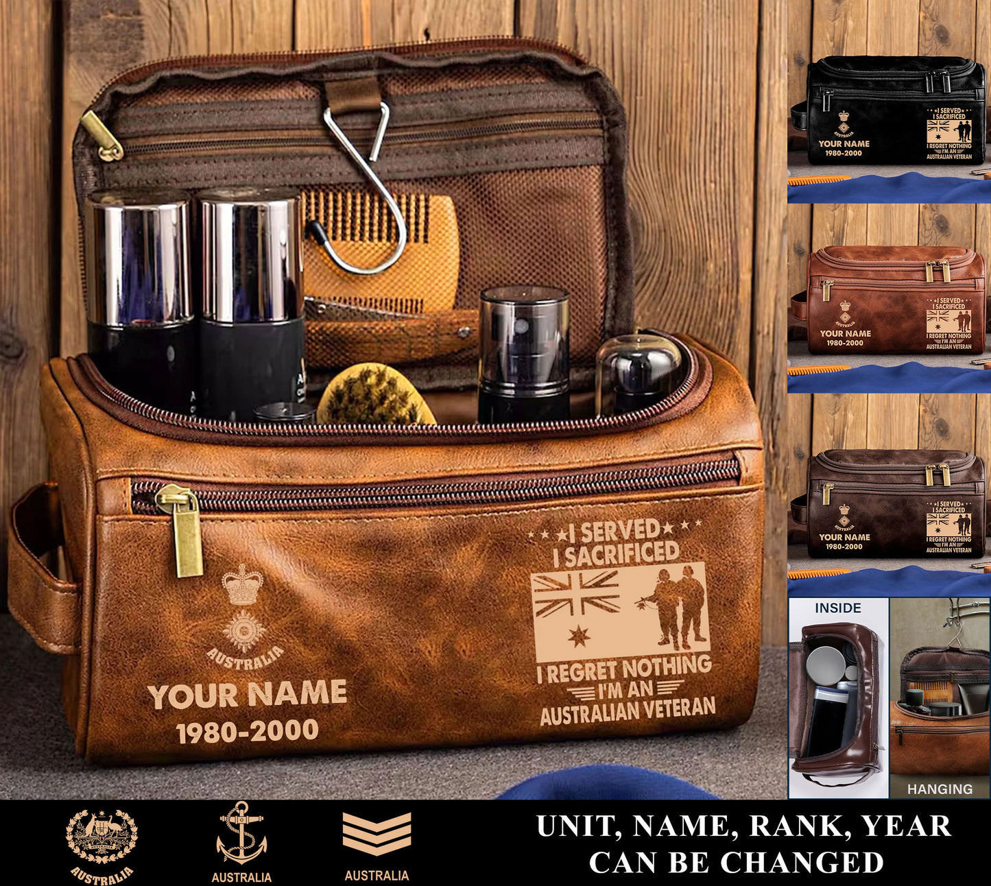 Personalized Australia Soldier/ Veteran With Name And Rank Leather Toiletry Bag - 17591040