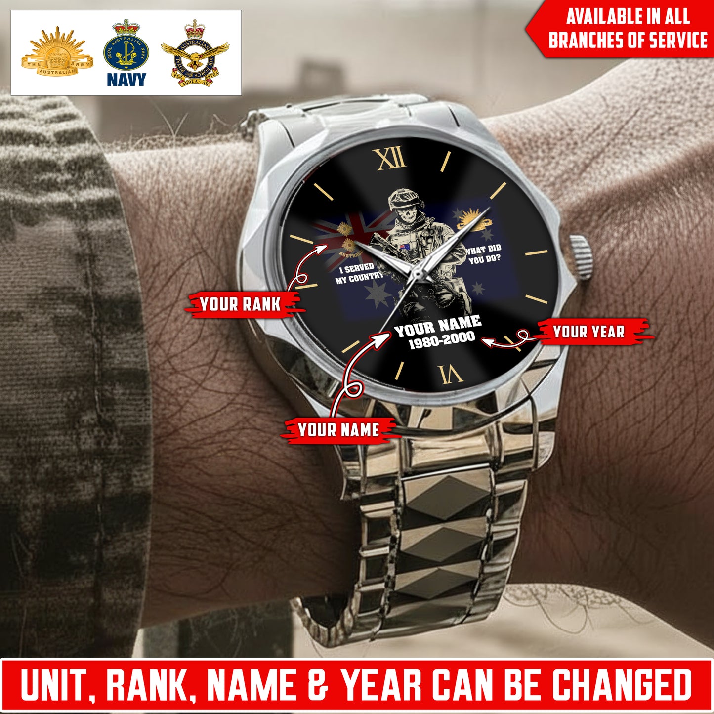 Personalized Australia Soldier/Veteran with Name, Year and Rank Diamond-Cut Bezel Watch - 17623872