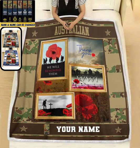 Personalized Australian Soldier/ Veteran Camo With Name And Rank Fleece Blanket 3D Printed - 16971552