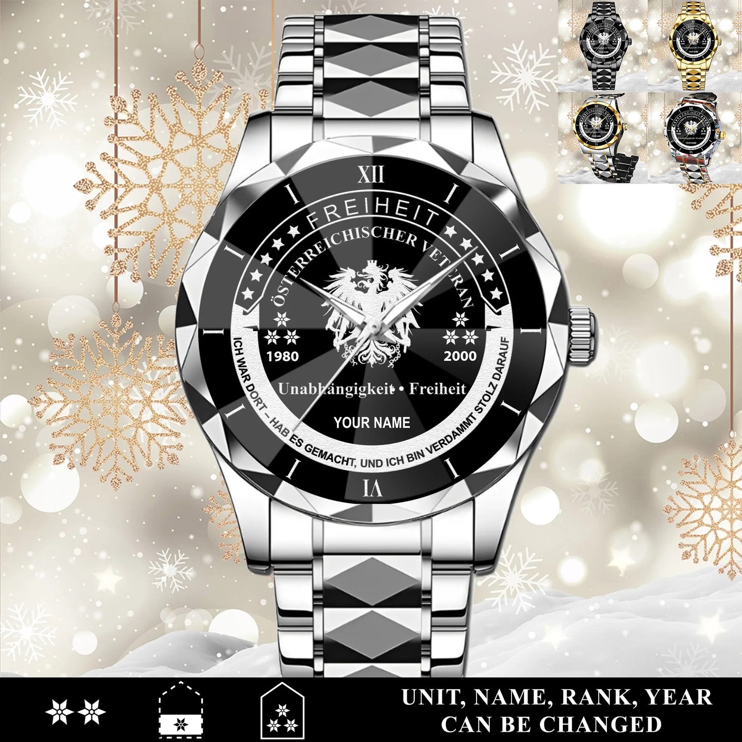 Personalized Austria Soldier/Veteran with Name, Year and Rank Diamond-Cut Bezel Watch - 17650656