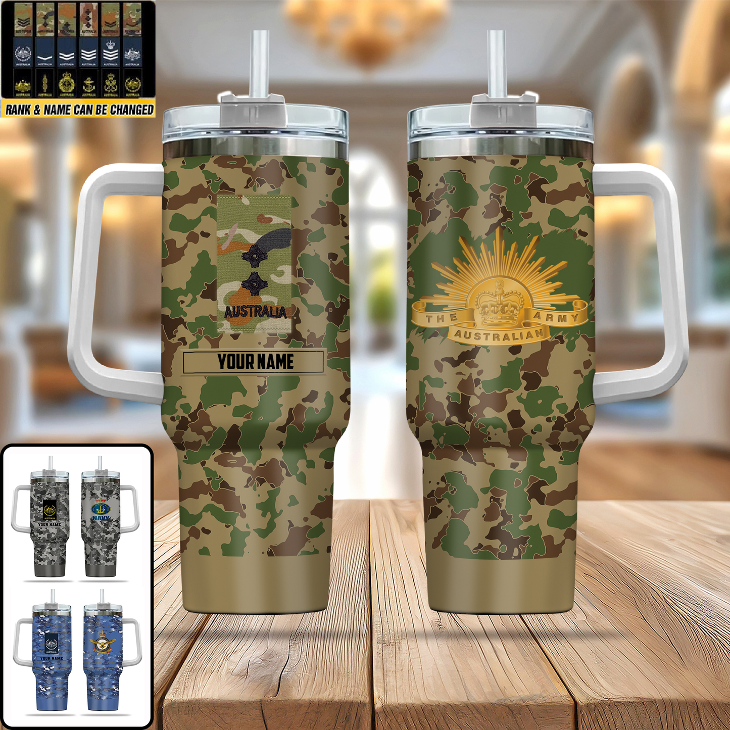 Personalized Australian Soldier/ Veteran Camo With Name And Rank 40oz Tumbler 3D Printed - 17060544