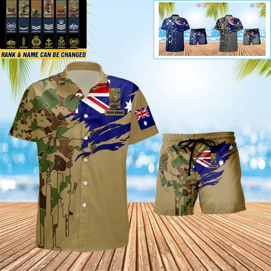 Personalized Australia Soldier/ Veteran Camo With Rank Combo Hawaii Shirt + Short 3D Printed - 0811230015QA