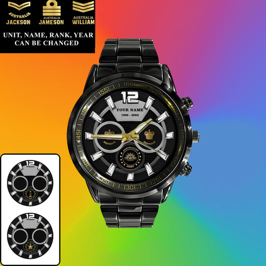 Personalized Australia Soldier/ Veteran With Name, Rank and Year Black Stainless Steel Watch - 27042401QA - Gold Version