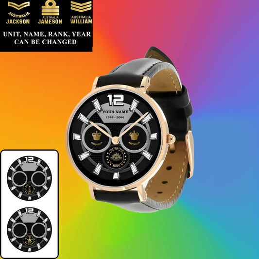 Personalized Australia Soldier/ Veteran With Name, Rank and Year Black Stitched Leather Watch - 27042401QA - Gold Version