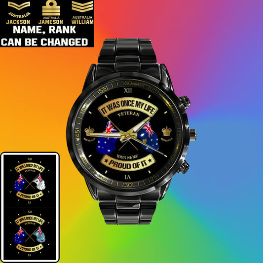 Personalized Australia Soldier/ Veteran With Name and Rank Black Stainless Steel Watch - 03052401QA - Gold Version