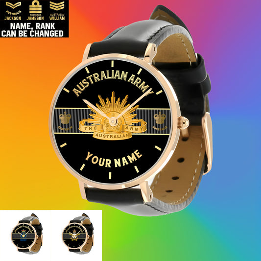Personalized Australian Soldier/ Veteran With Name And Rank Black Stitched Leather Watch - 17097696 - Gold Version