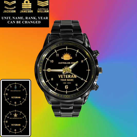 Personalized Australia Soldier/ Veteran With Name, Rank and Year Black Stainless Steel Watch - 03052402QA - Gold Version