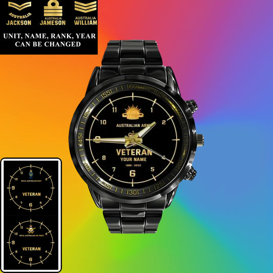 Personalized Australia Soldier/ Veteran With Name, Rank and Year Black Stainless Steel Watch - 1714694401 - Gold Version