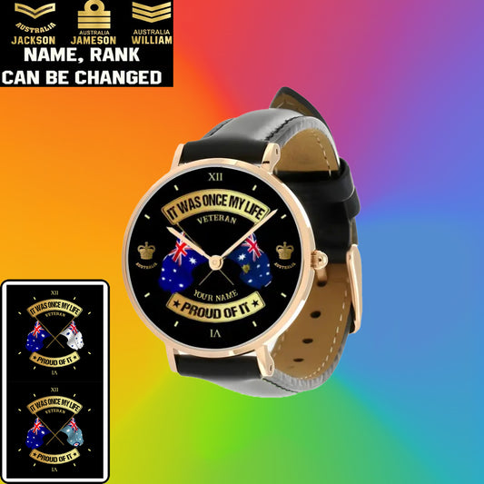 Personalized Australia Soldier/ Veteran With Name and Rank Black Stitched Leather Watch - 03052401QA - Gold Version