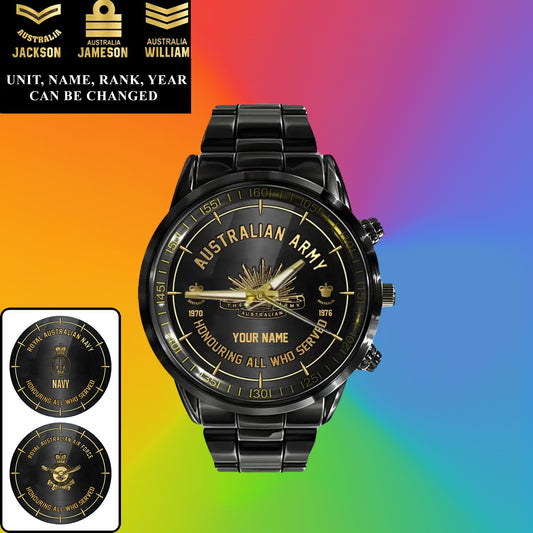 Personalized Australia Soldier/ Veteran With Name, Rank and Year Black Stainless Steel Watch - 26042401QA - Gold Version