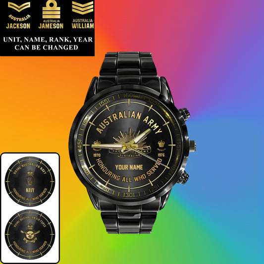 Personalized Australia Soldier/ Veteran With Name, Rank and Year Black Stainless Steel Watch - 17140896 - Gold Version