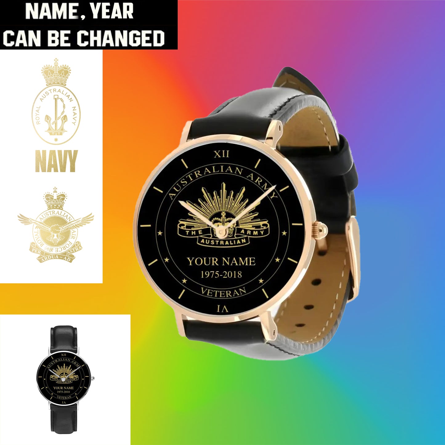 Personalized Australian Soldier/ Veteran With Name And Year Black Stitched Leather Watch - 1603240001 - Gold Version