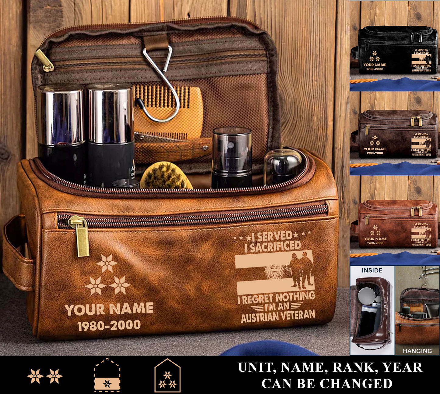Personalized Austria Soldier/ Veteran With Name And Rank Leather Toiletry Bag - 17591040